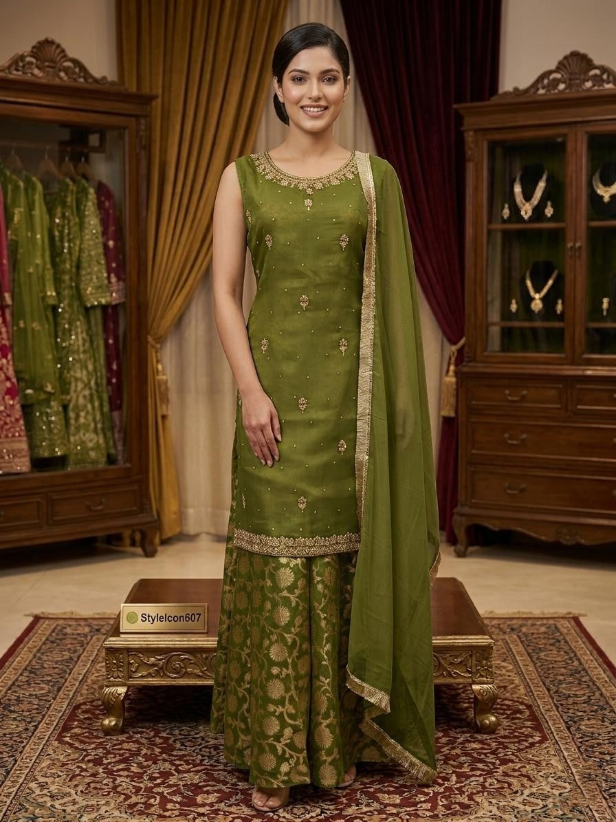 Elegant Embroidered Sleeveless Kurta Palazzo Set with Dupatta
