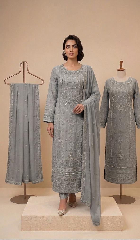 Elegant Chiffon Embroidered Long Frock with Chiffon Dupatta & Malai Trouser – Premium Formal Wear for Women