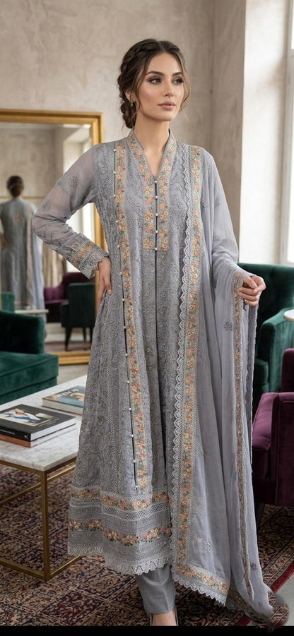 Elegant Chiffon Embroidered 3 Piece Frock – Luxury Formal Wear for Women