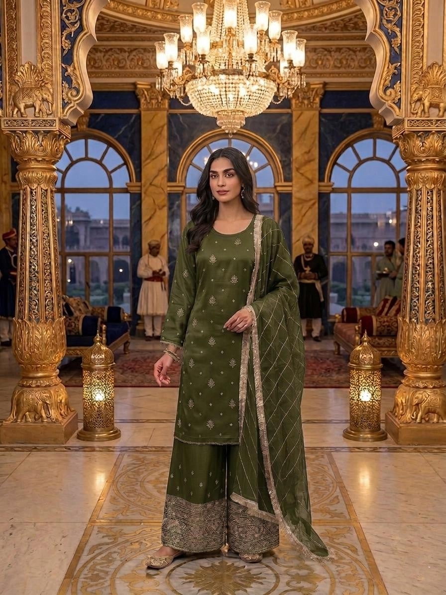 Elegant Ivory Silk Embroidered Suit with Embroidered Dupatta – Festive & Wedding Wear\
