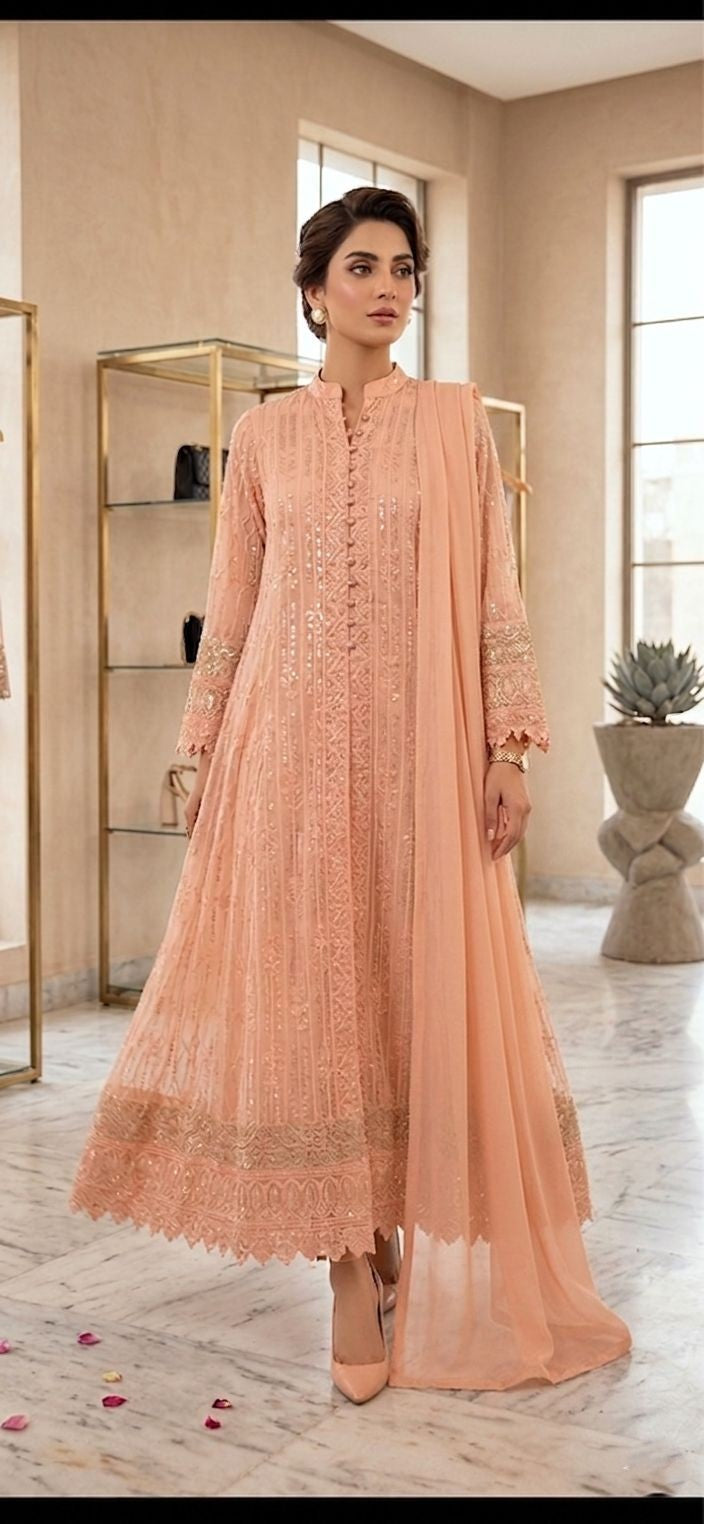 Elegant Chiffon Embroidered Maxi Dress – 3 Piece Formal Suit for Women