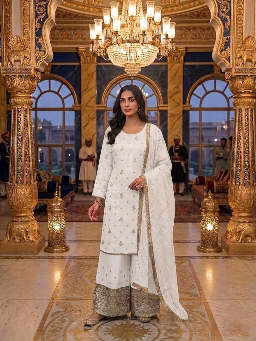 Elegant Ivory Silk Embroidered Suit with Embroidered Dupatta – Festive & Wedding Wear\