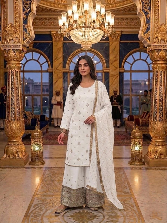 Elegant Ivory Silk Embroidered Suit with Embroidered Dupatta – Festive & Wedding Wear\