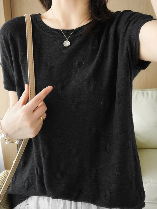Summer Short Sleeve Women Knitted Thin Sweater Female Hollow Out O-Neck Pullover Top Ladies Solid Loose Casual Jumpers