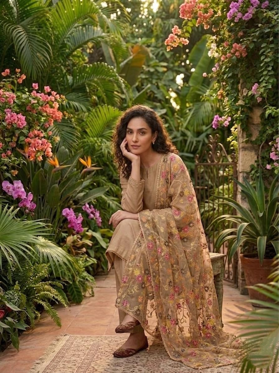 3 Piece Stitched Rao Silk Suit with Heavy Embroidered Organza Dupatta & Farshi Shalwar – Elegant Festive Wear