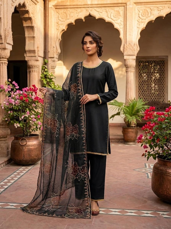 3 Piece Stitched Silk Suit with Organza Dupatta & Farshi Shalwar – Luxury Festive Wear