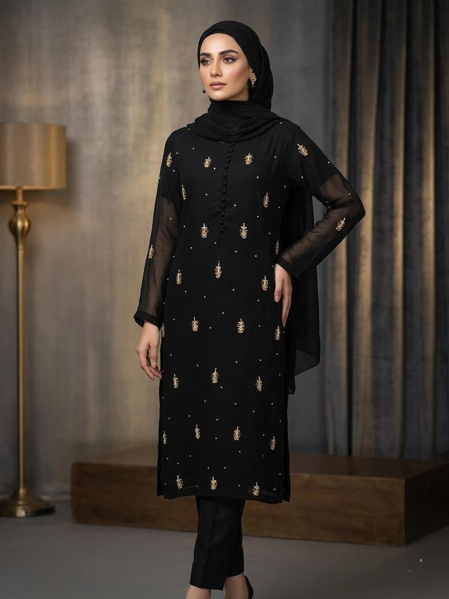 3 Piece Stitched Heavy Hand-Work Modest Suit with Chiffon Dupatta & Malai Trouser – Luxury Formal Wear