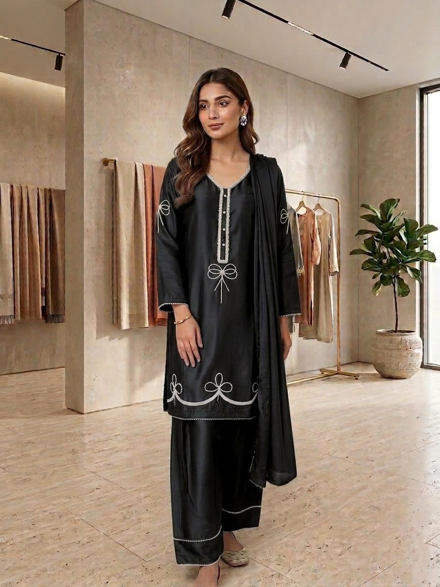 3 Piece Stitched Heavy Hand-Work Silk Suit with Chiffon Dupatta & Farshi Shalwar – Royal Festive Wear