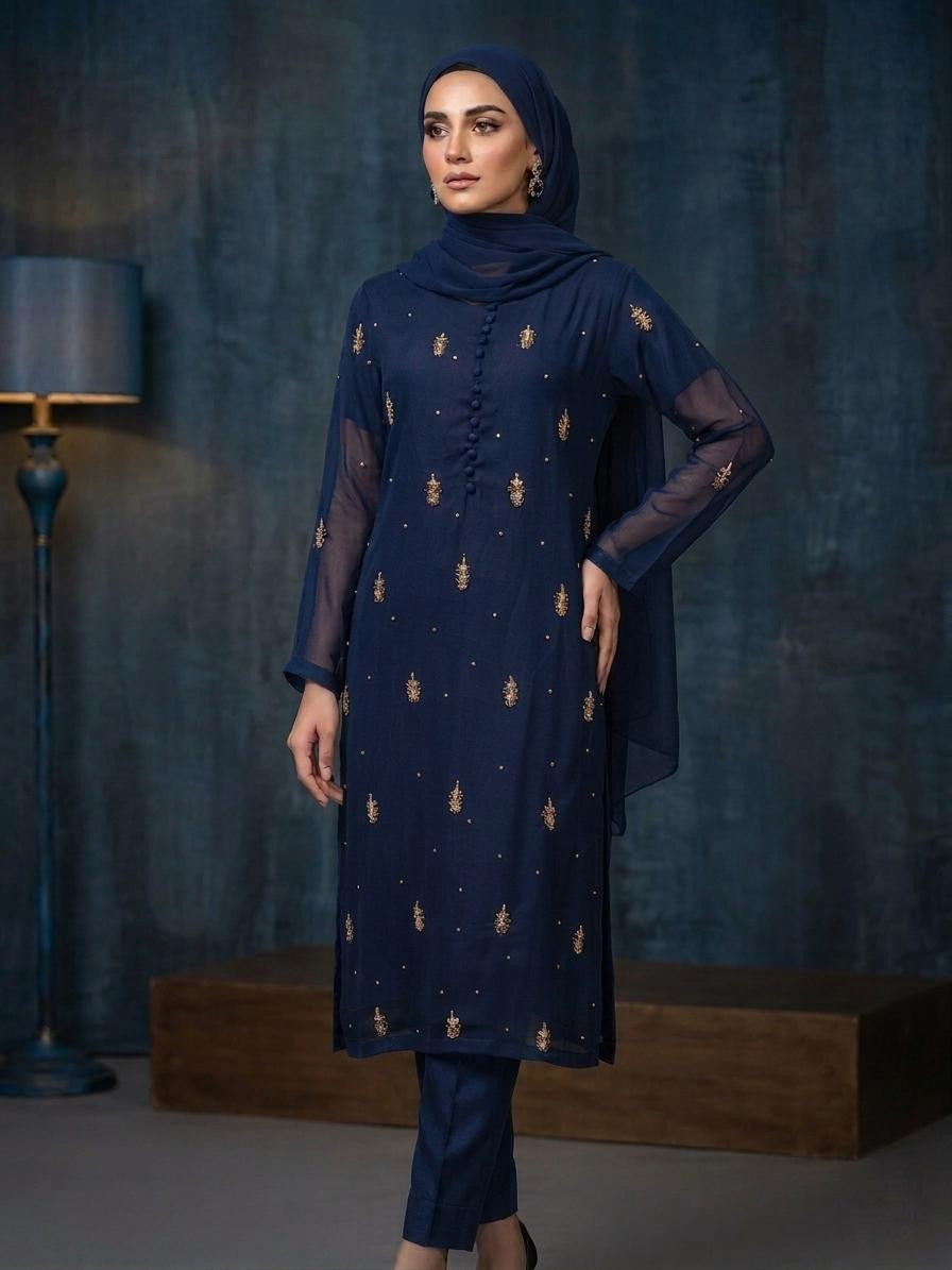 3 Piece Stitched Heavy Hand-Work Modest Suit with Chiffon Dupatta & Malai Trouser – Luxury Formal Wear