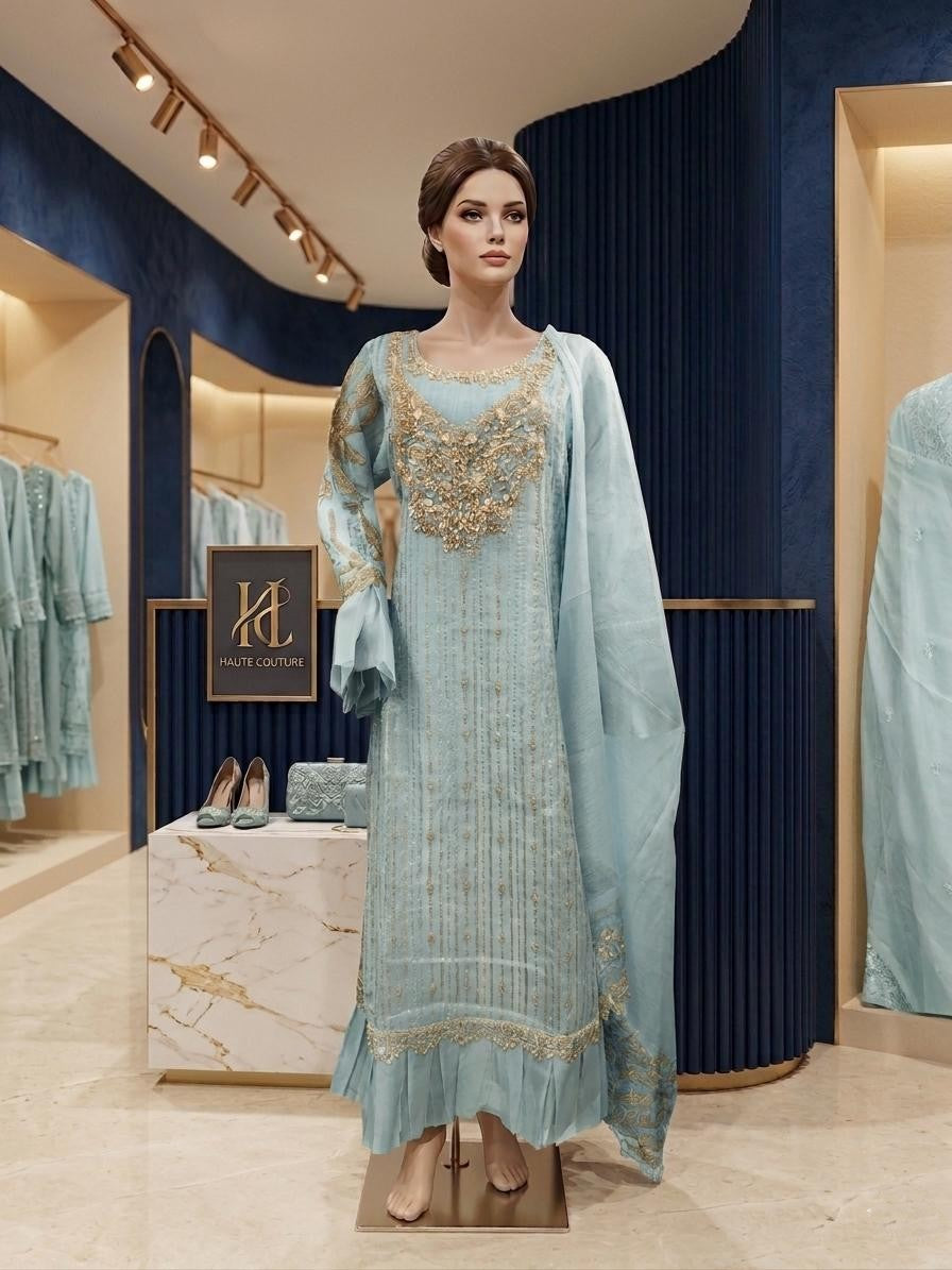 3 Piece Stitched Heavy Embroidered Khadi Net Long Frock with Organza Dupatta – Luxury Pastel Formal Wear