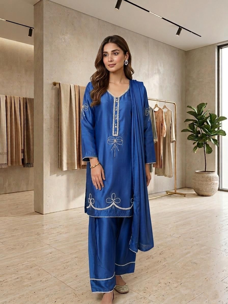 3 Piece Stitched Heavy Hand-Work Silk Suit with Chiffon Dupatta & Farshi Shalwar – Royal Festive Wear