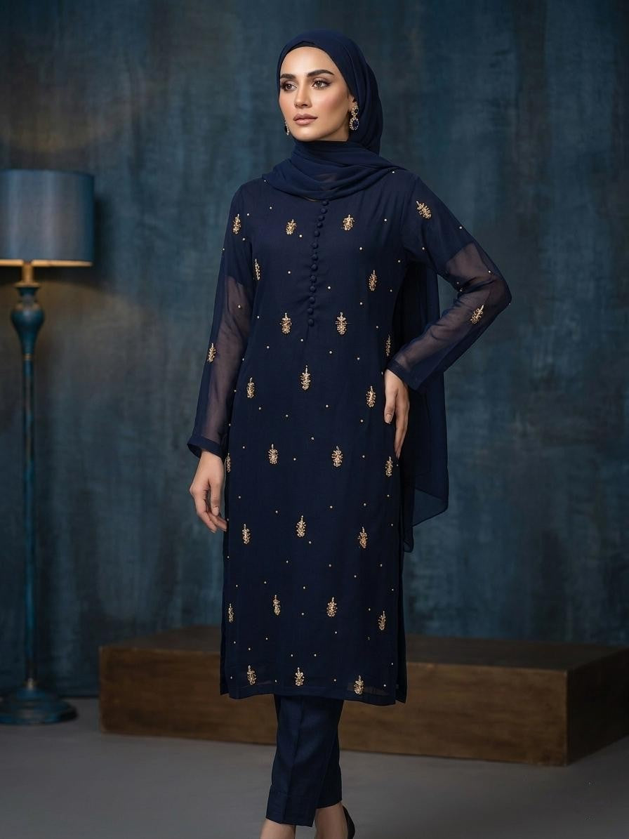3 Piece Stitched Heavy Hand-Work Modest Suit with Chiffon Dupatta & Malai Trouser – Luxury Formal Wear