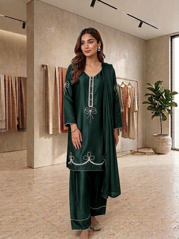 3 Piece Stitched Heavy Hand-Work Silk Suit with Chiffon Dupatta & Farshi Shalwar – Royal Festive Wear