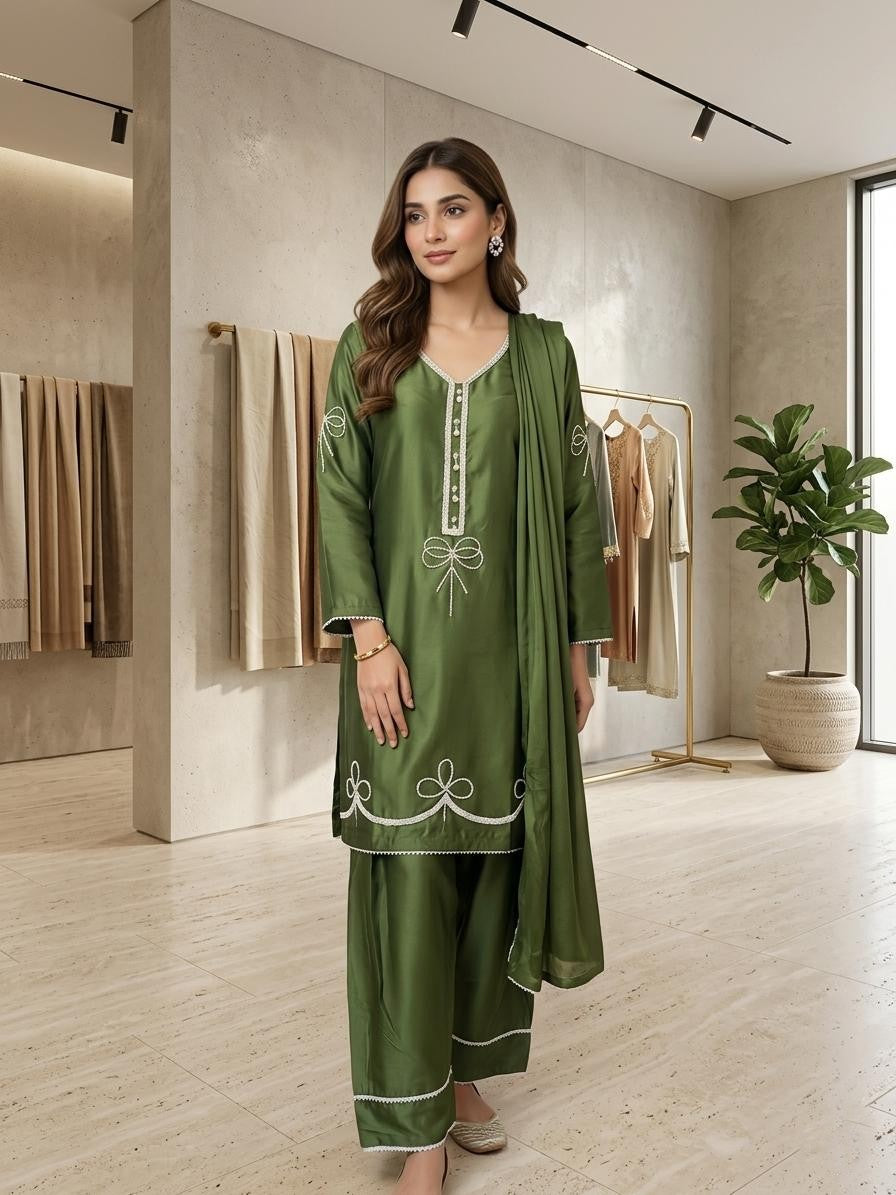3 Piece Stitched Heavy Hand-Work Silk Suit with Chiffon Dupatta & Farshi Shalwar – Royal Festive Wear