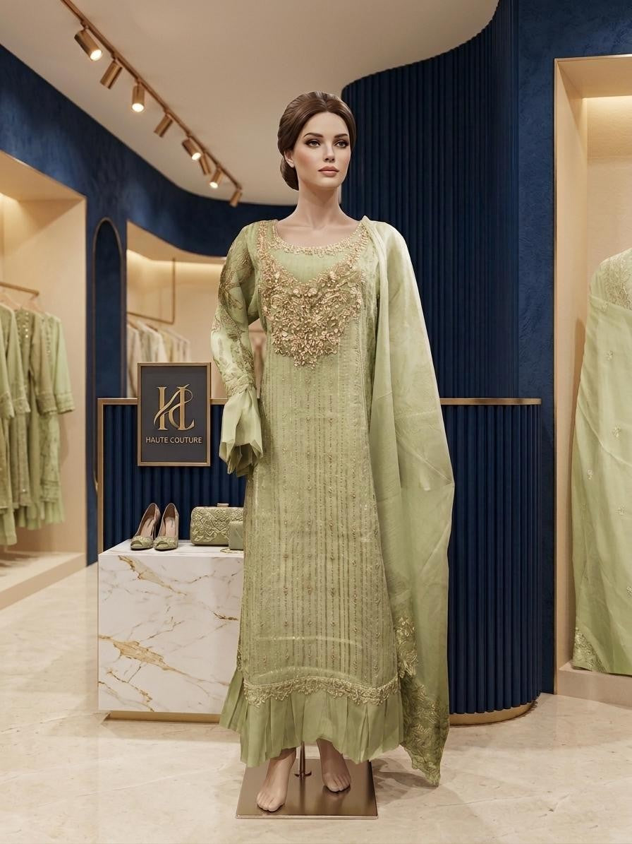 3 Piece Stitched Heavy Embroidered Khadi Net Long Frock with Organza Dupatta – Luxury Pastel Formal Wear
