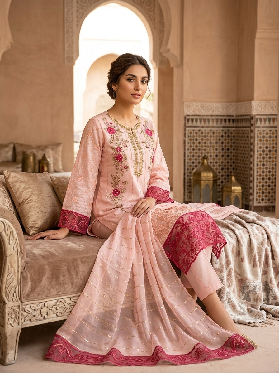 Premium Chiffon Heavy Embroidered Long Shirt with Embroidered Dupatta – 3 Piece Suit
