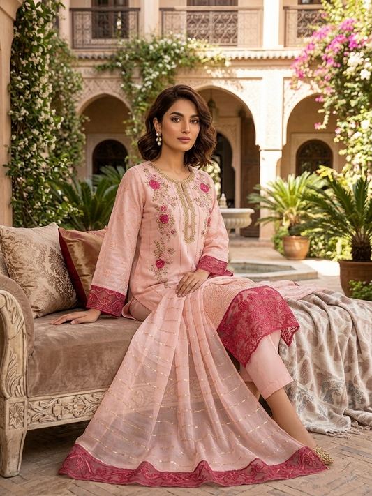 Premium Chiffon Heavy Embroidered Long Shirt with Embroidered Dupatta – 3 Piece Suit