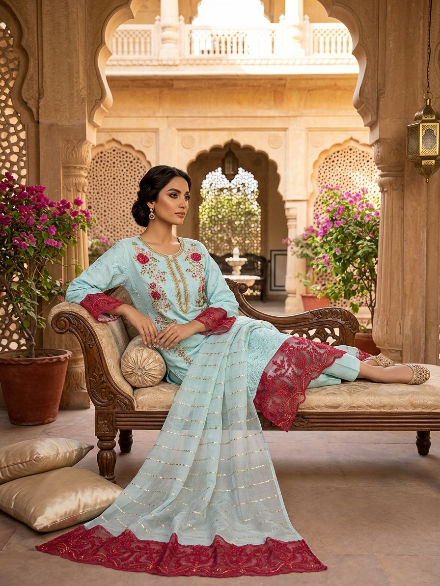 Premium Chiffon Heavy Embroidered Long Shirt with Embroidered Dupatta – 3 Piece Suit