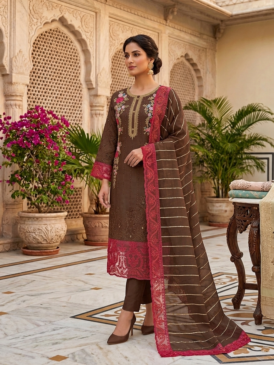 Premium Chiffon Heavy Embroidered Long Shirt with Embroidered Dupatta – 3 Piece Suit