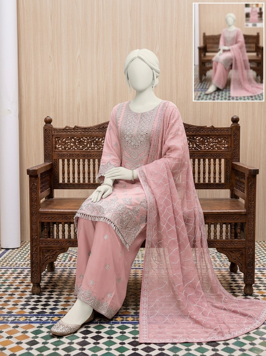 Elegant Party Wear Chiffon Embroidered Dress with Chiffon Palazzo & Matching Dupatta – 3 Piece Stitched Dress