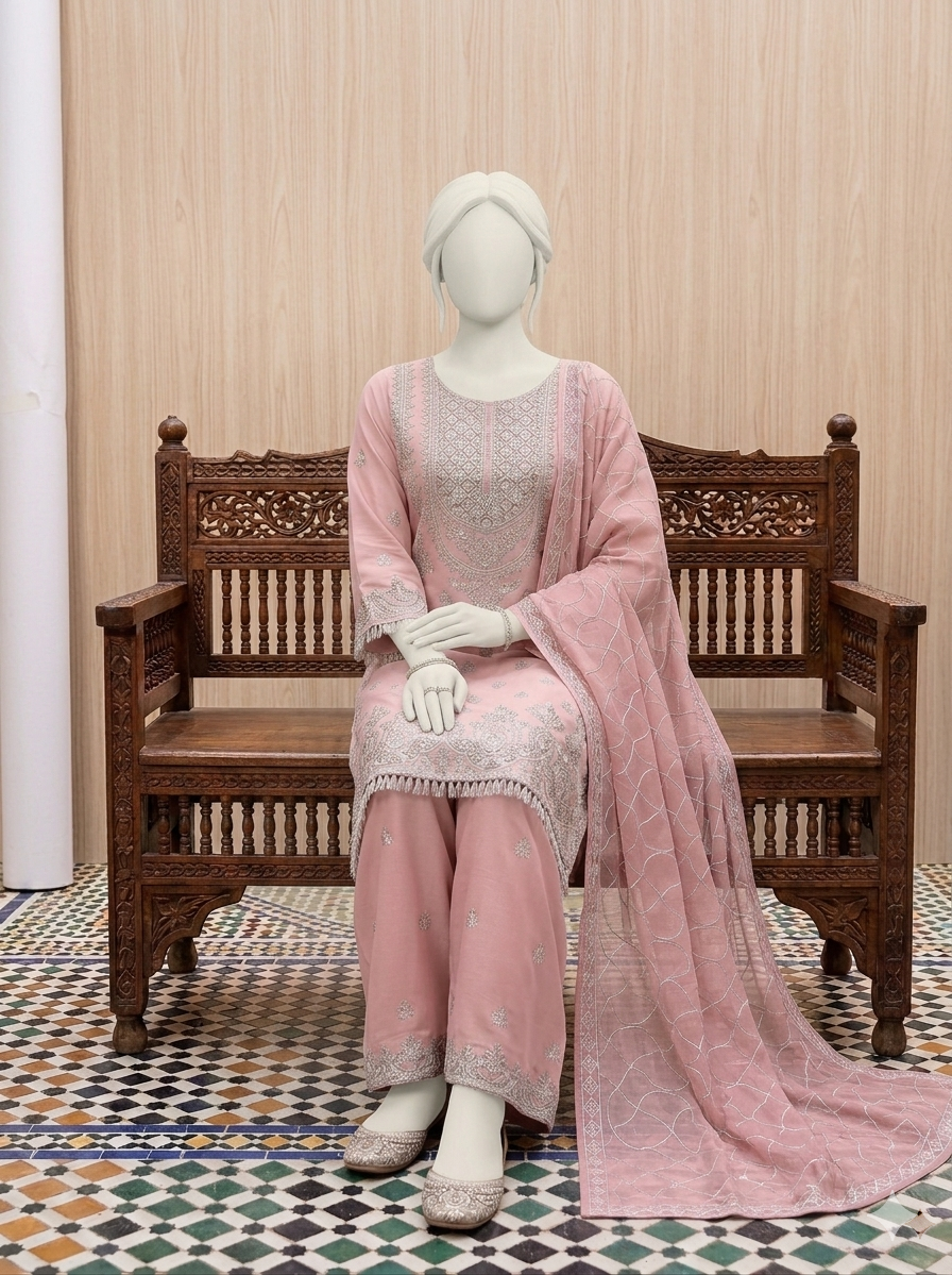Elegant Party Wear Chiffon Embroidered Dress with Chiffon Palazzo & Matching Dupatta – 3 Piece Stitched Dress