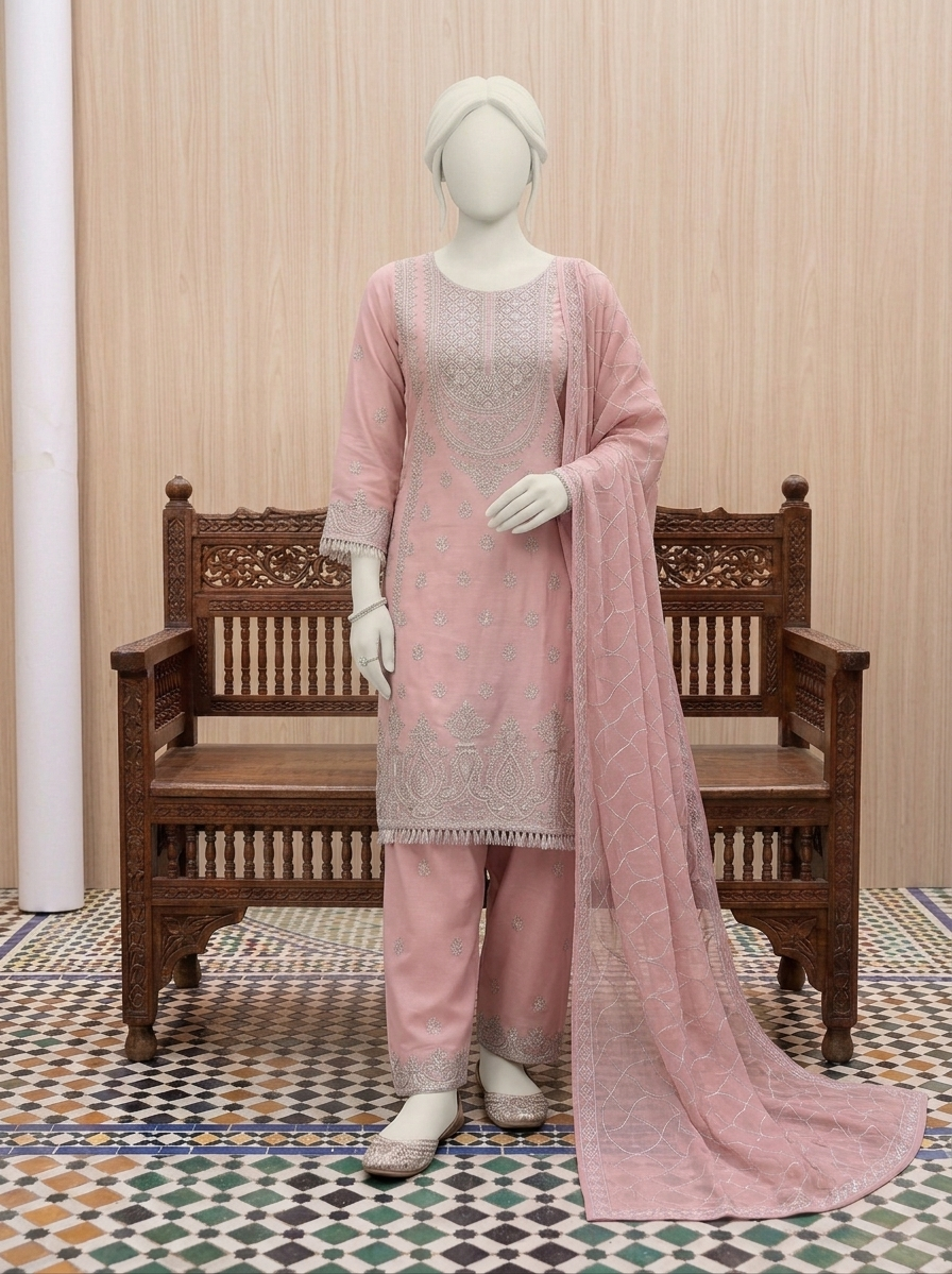 Elegant Party Wear Chiffon Embroidered Dress with Chiffon Palazzo & Matching Dupatta – 3 Piece Stitched Dress