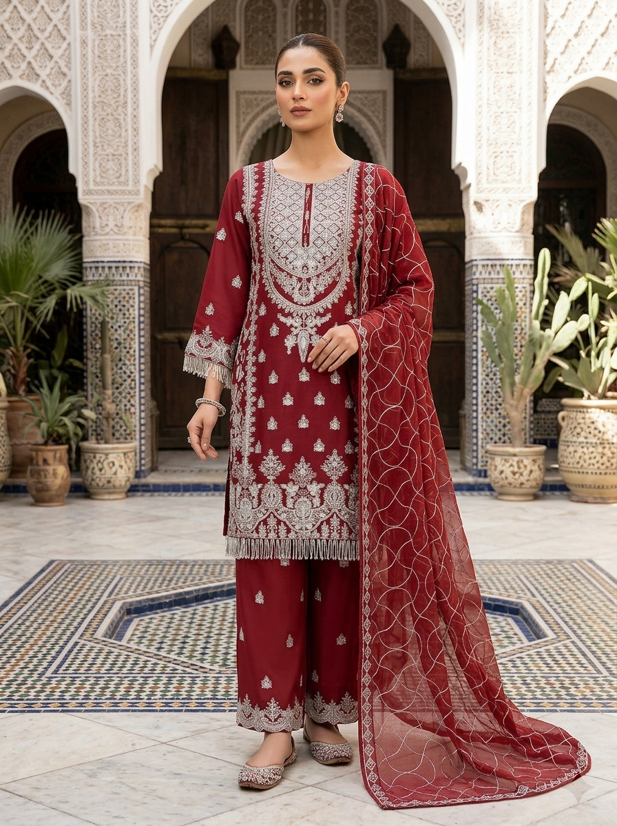 Elegant Party Wear Chiffon Embroidered Dress with Chiffon Palazzo & Matching Dupatta – 3 Piece Stitched Dress