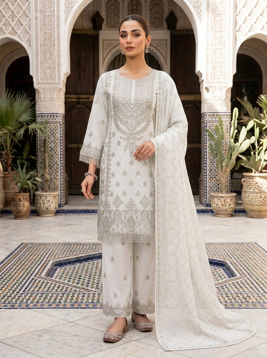 Elegant Party Wear Chiffon Embroidered Dress with Chiffon Palazzo & Matching Dupatta – 3 Piece Stitched Dress