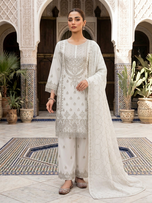 Elegant Party Wear Chiffon Embroidered Dress with Chiffon Palazzo & Matching Dupatta – 3 Piece Stitched Dress