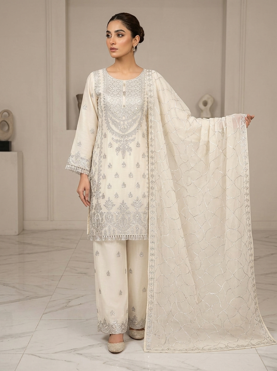Elegant Party Wear Chiffon Embroidered Dress with Chiffon Palazzo & Matching Dupatta – 3 Piece Stitched Dress
