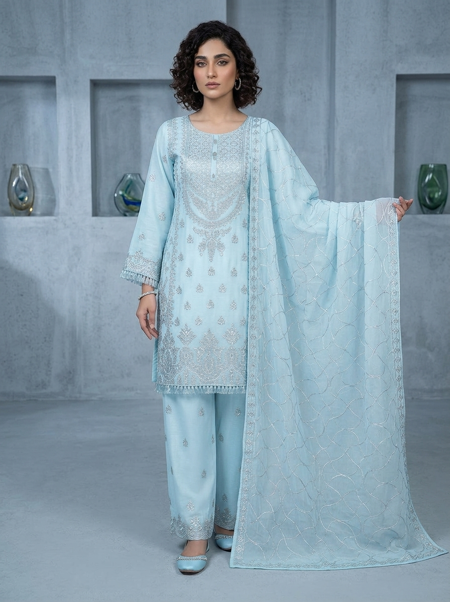 Elegant Party Wear Chiffon Embroidered Dress with Chiffon Palazzo & Matching Dupatta – 3 Piece Stitched Dress