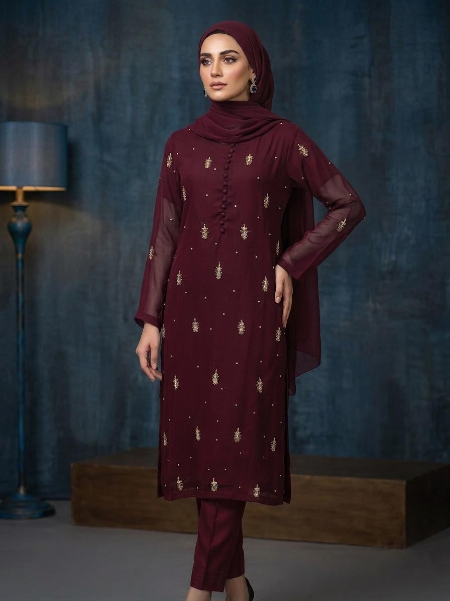 3 Piece Stitched Heavy Hand-Work Modest Suit with Chiffon Dupatta & Malai Trouser – Luxury Formal Wear