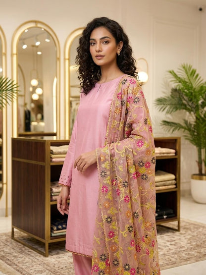 3 Piece Stitched Rao Silk Suit with Heavy Embroidered Organza Dupatta & Farshi Shalwar – Elegant Festive Wear