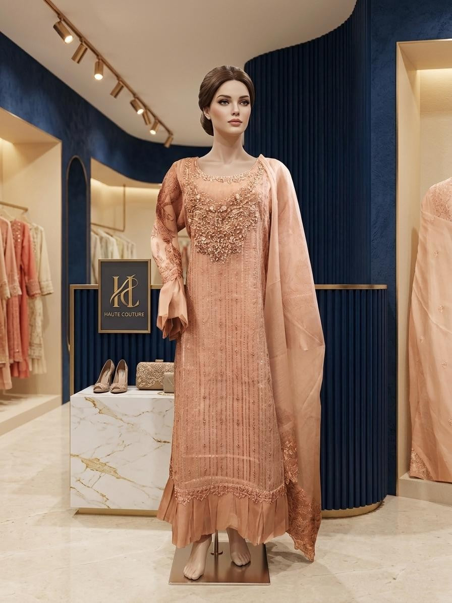 3 Piece Stitched Heavy Embroidered Khadi Net Long Frock with Organza Dupatta – Luxury Pastel Formal Wear