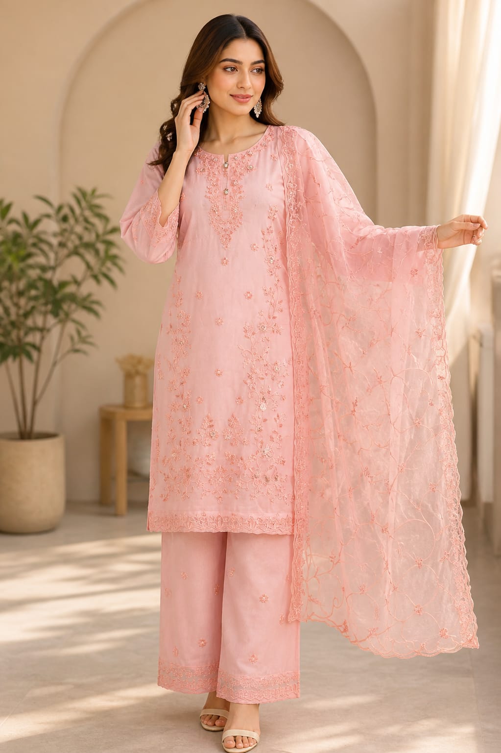 Premium 3 Piece Chiffon Palazzo Set with Embroidery