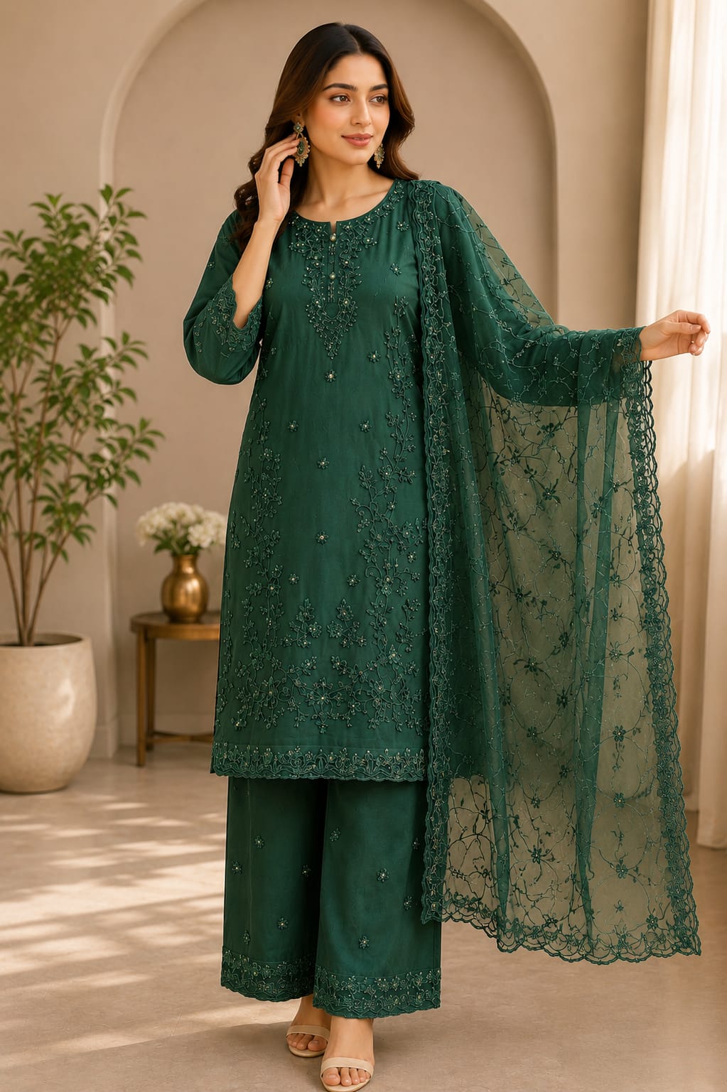 Premium 3 Piece Chiffon Palazzo Set with Embroidery