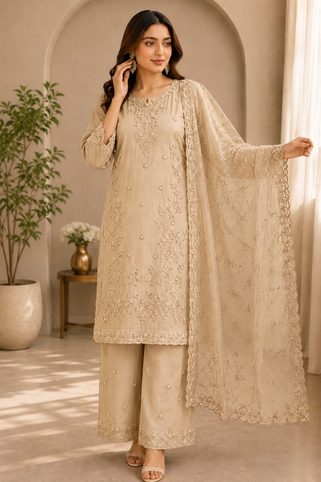 Premium 3 Piece Chiffon Palazzo Set with Embroidery