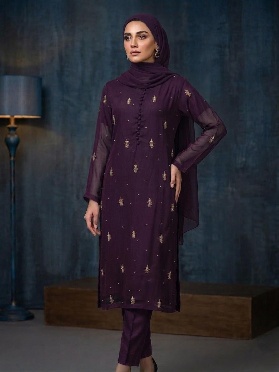 3 Piece Stitched Heavy Hand-Work Modest Suit with Chiffon Dupatta & Malai Trouser – Luxury Formal Wear
