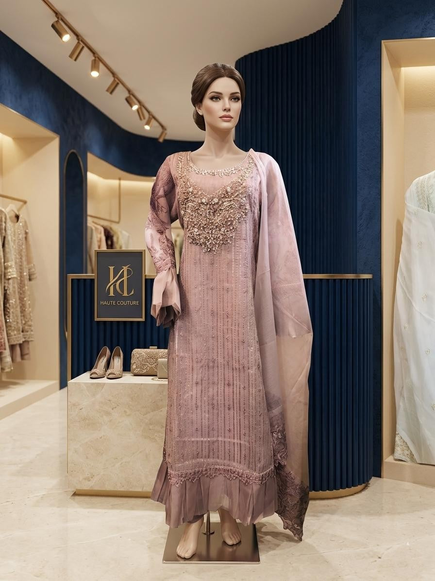 3 Piece Stitched Heavy Embroidered Khadi Net Long Frock with Organza Dupatta – Luxury Pastel Formal Wear
