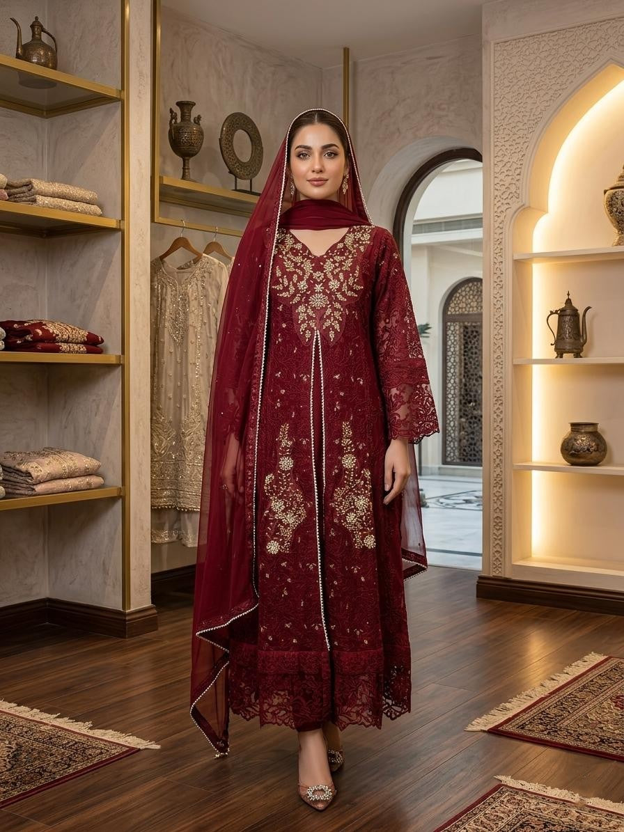 3 Piece Stitched Heavy Embroidered Luxury Maxi with Chiffon Dupatta – Royal Formal Wear