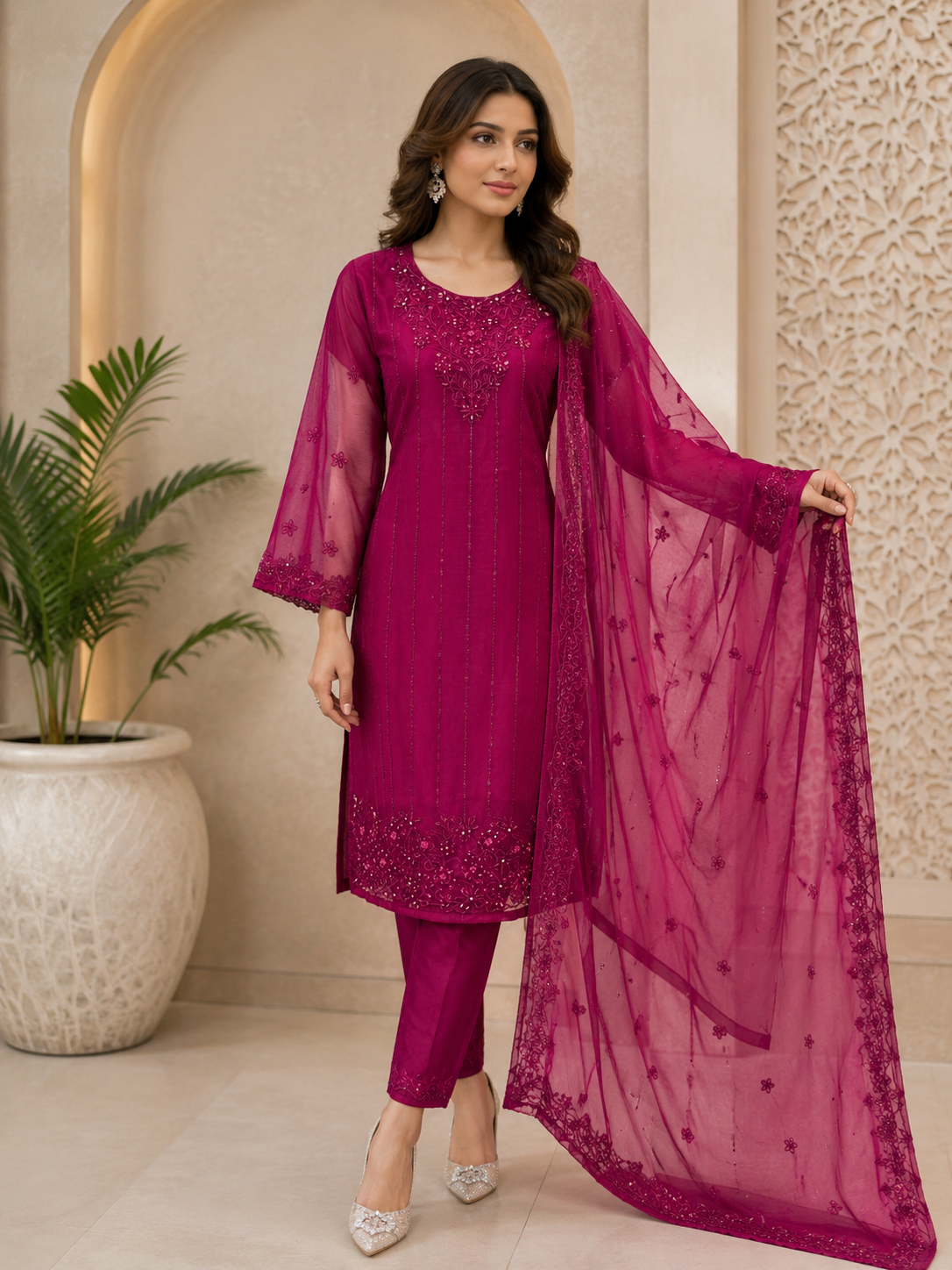 Designer Chiffon Long Shirt with Delicate Hand Embellishments