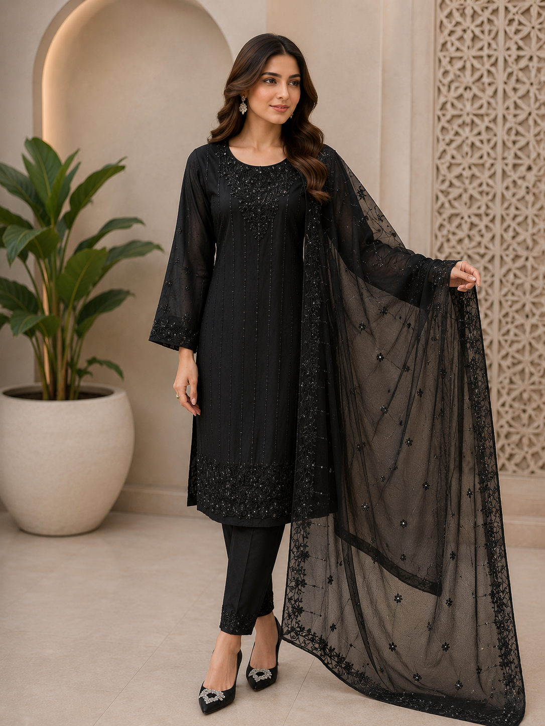 Designer Chiffon Long Shirt with Delicate Hand Embellishments