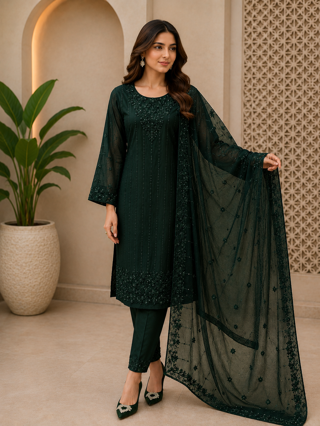 Designer Chiffon Long Shirt with Delicate Hand Embellishments