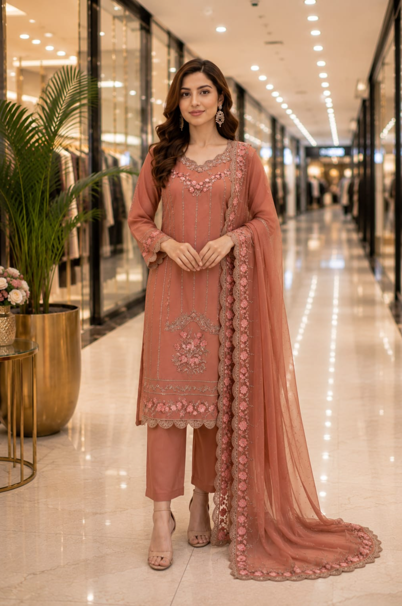 Embroidered Emerald Chiffon Suit with Matching Dupatta – 3 Piece Stitched Dress