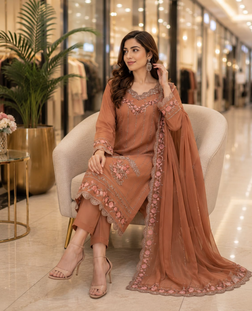 Embroidered Emerald Chiffon Suit with Matching Dupatta – 3 Piece Stitched Dress