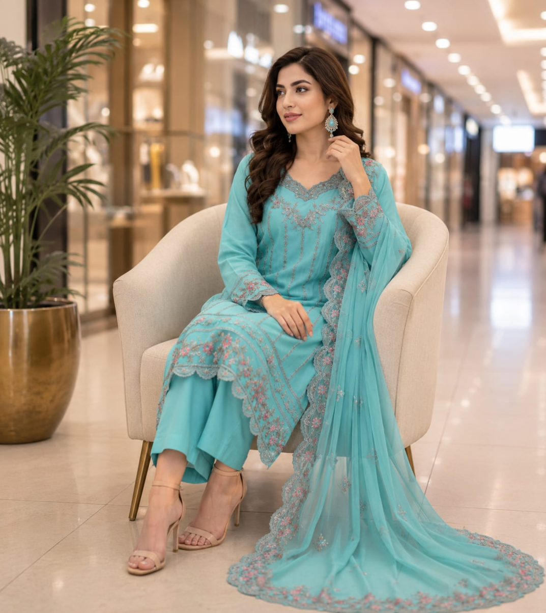Embroidered Emerald Chiffon Suit with Matching Dupatta – 3 Piece Stitched Dress