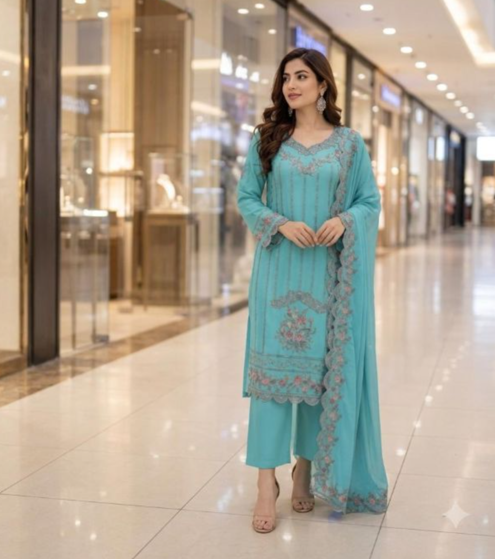 Embroidered Emerald Chiffon Suit with Matching Dupatta – 3 Piece Stitched Dress