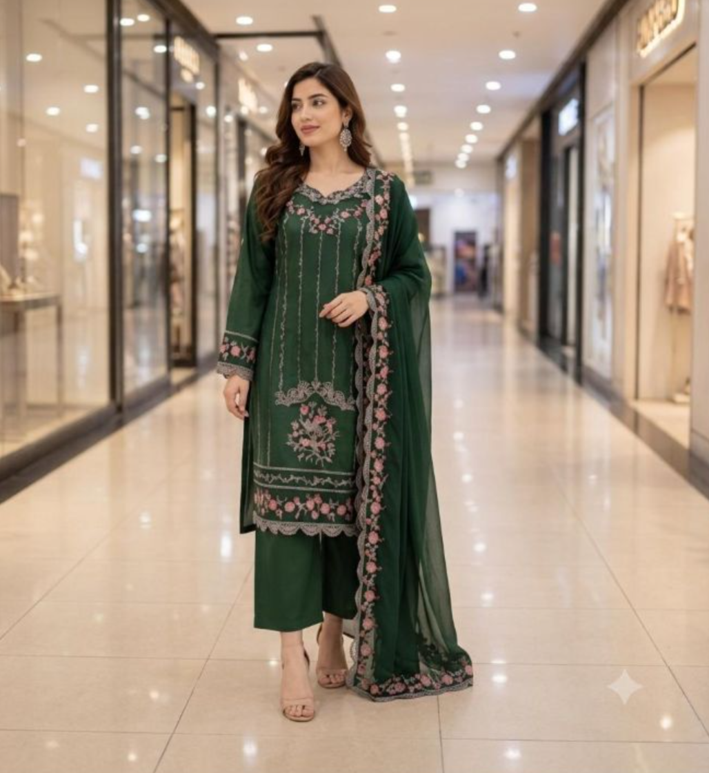 Embroidered Emerald Chiffon Suit with Matching Dupatta – 3 Piece Stitched Dress