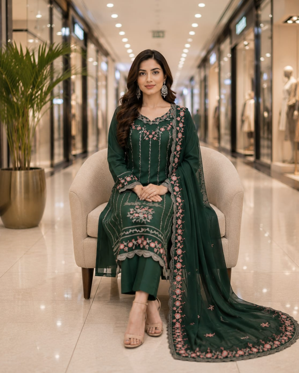 Embroidered Emerald Chiffon Suit with Matching Dupatta – 3 Piece Stitched Dress