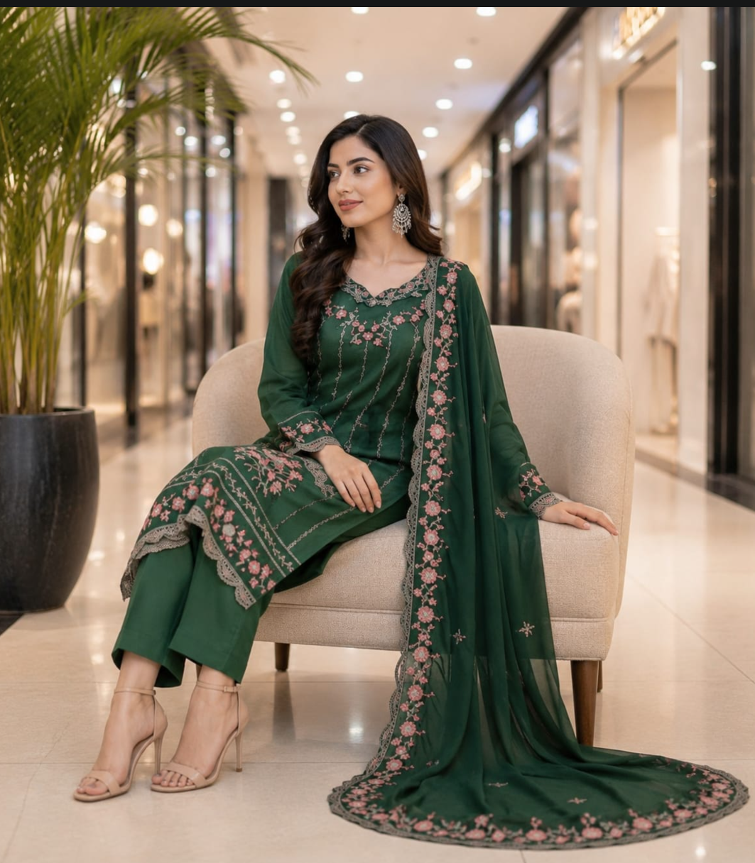 Embroidered Emerald Chiffon Suit with Matching Dupatta – 3 Piece Stitched Dress